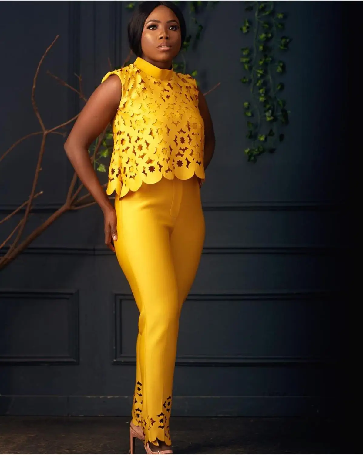 Yellow Pink Firing Sexy Women Set Star Style Runway 2 Pieces Crop Top And Pencil Pants DAM378 |