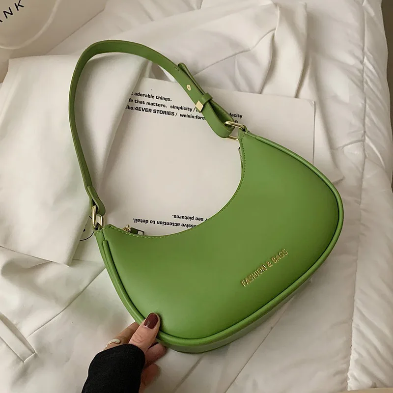 

Half-Moon Small Green Shoulder Underarm Bags for Women 2021 New High-quality PU Leather Baguette Handbag Luxury Brand Tote