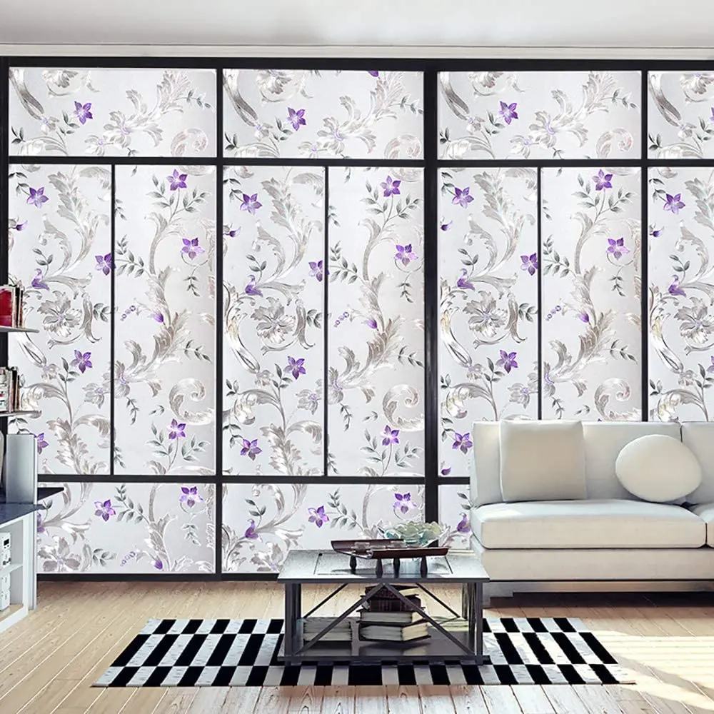

LUCKYYJ Decorative Window Film Purple Flower,Privacy Door Film,Self-adhesive Film,No Glue Stained Glass Anti UV Window stickers