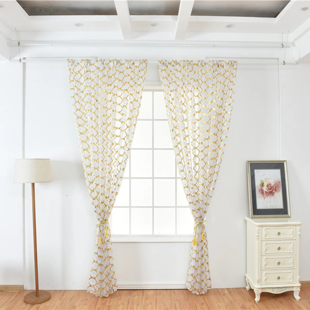 

1/2/4 Panels Home Window Curitain Valance Gauze Rod Pocket Sheer Yarn Screening Panel Voile Drap Gold Stamping Morocco Curtain