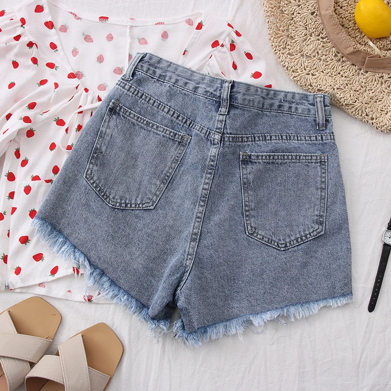 Женские джинсовые шорты с завышенной талией и принтом клубники|Женские шорты| |