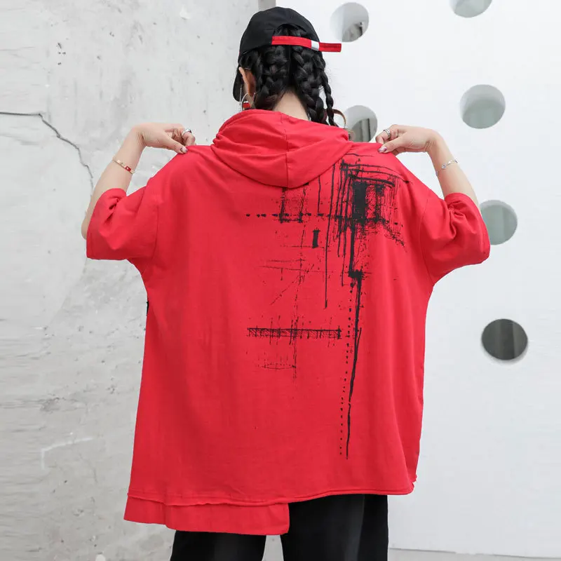 

QING MO Red Green Brown White Women Hooded T Shirt 2021 Women Irregular T Shirt Female Drawstring T Shirt ZQY6575