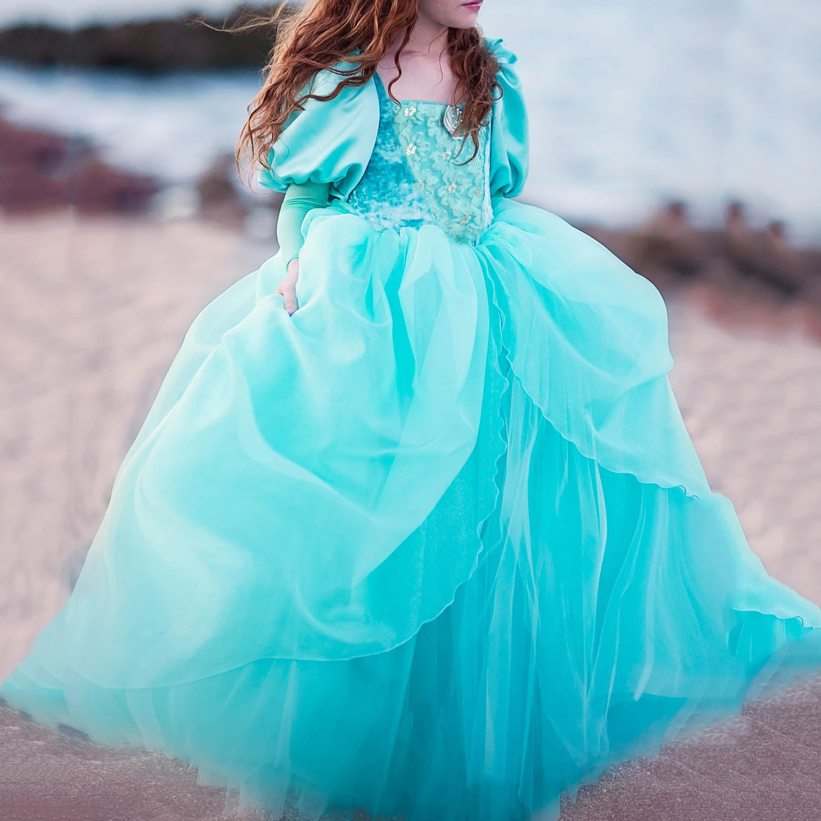 

Платье Ариэль для девочек, рождественское платье принцессы для косплея, Кружевной Костюм с пышными рукавами, детское бальное платье для вечеринки на Хэллоуин, платья