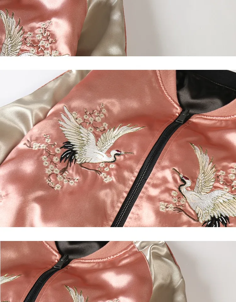

Spring and Autumn Pink Crane Embroidered Baseball Jacket Double-sided Wear Women Yokosuga Silk Satin Bomber Jacket Student Coats