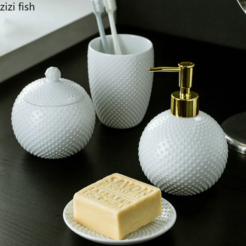 Bathroom Set Four-piece Ceramic American Toiletries Kit Hand Sanitizer Bottle Brush Cup Soap Box | Дом и сад