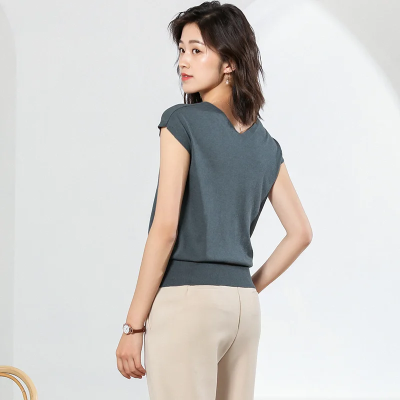 Летний женский Шелковый вязаный свитер с v-образным вырезом без рукавов тонкий