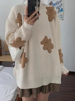 fall and winter 2021 new women beige sweater pullover japanese cartoon bear sweater female thick line loose hedging outer wear