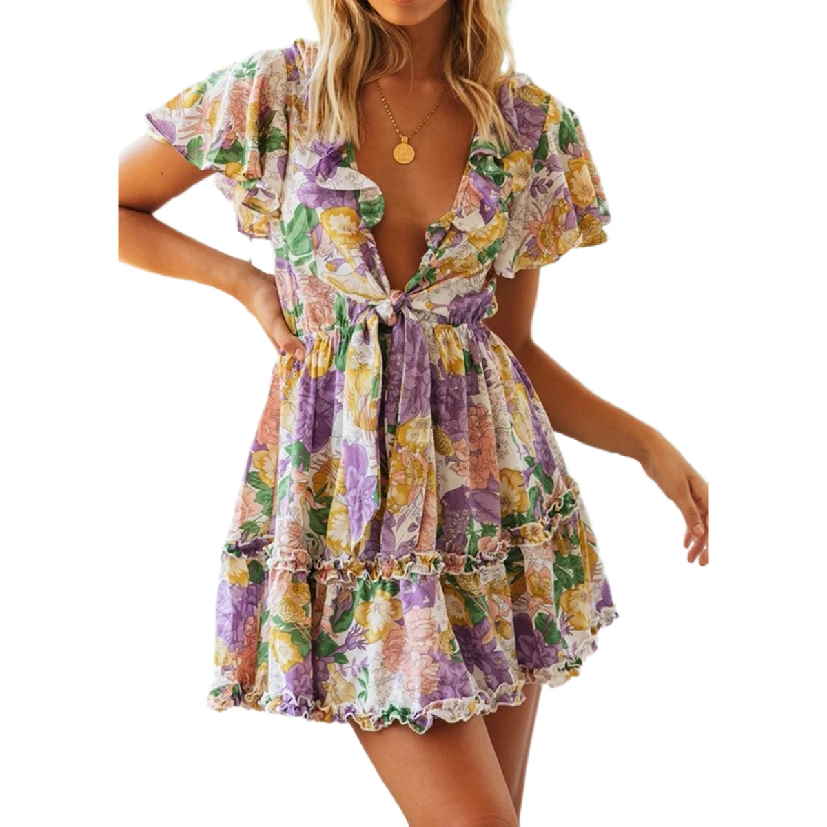 

Women's V-Neck Floral Dress, Bohemian Short Sleeve Ruffle Knot Front Beach Mini Dress