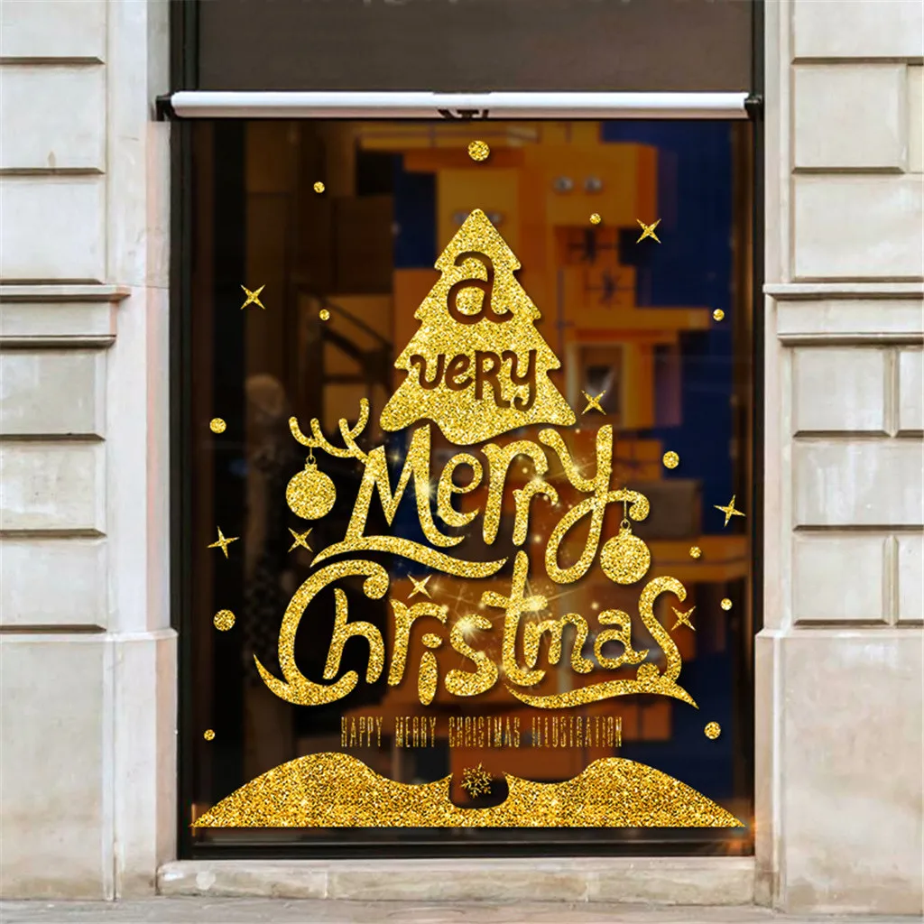 Рождественские золотые наклейки на окна Наклейки стены для детской комнаты