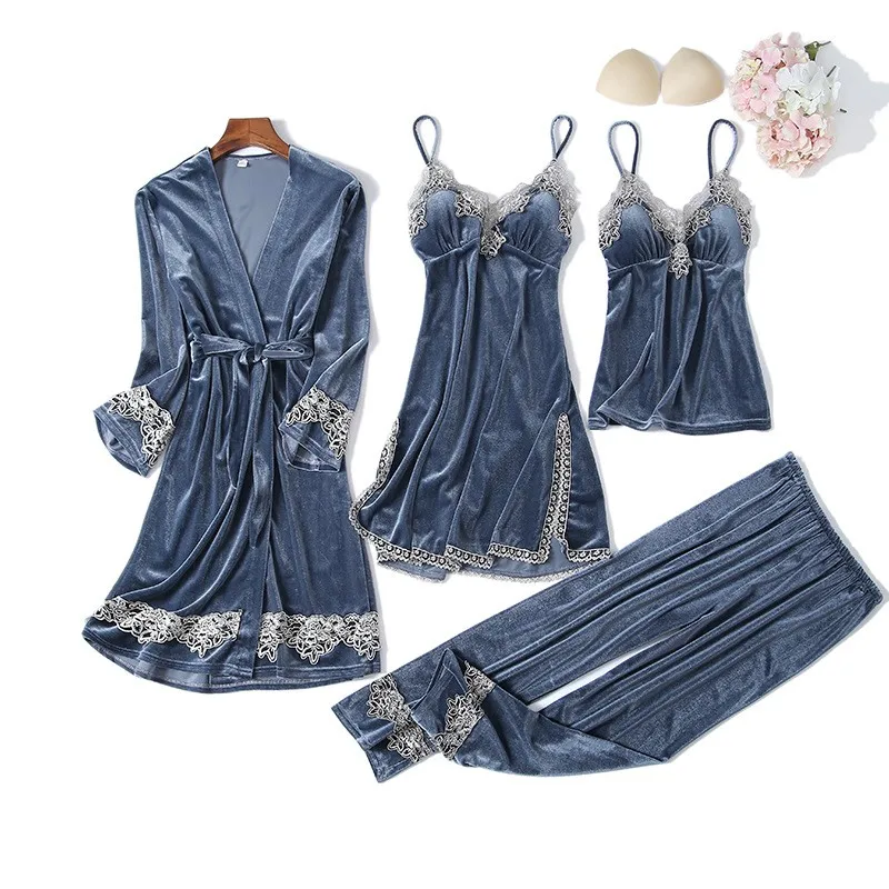 

Casual Lace Nightwear 4PCS Sleep Set Home Clothing Sexy Autumn Winter New Sleepwear Kimono Robe Set Intimate Lingerie Nightgown