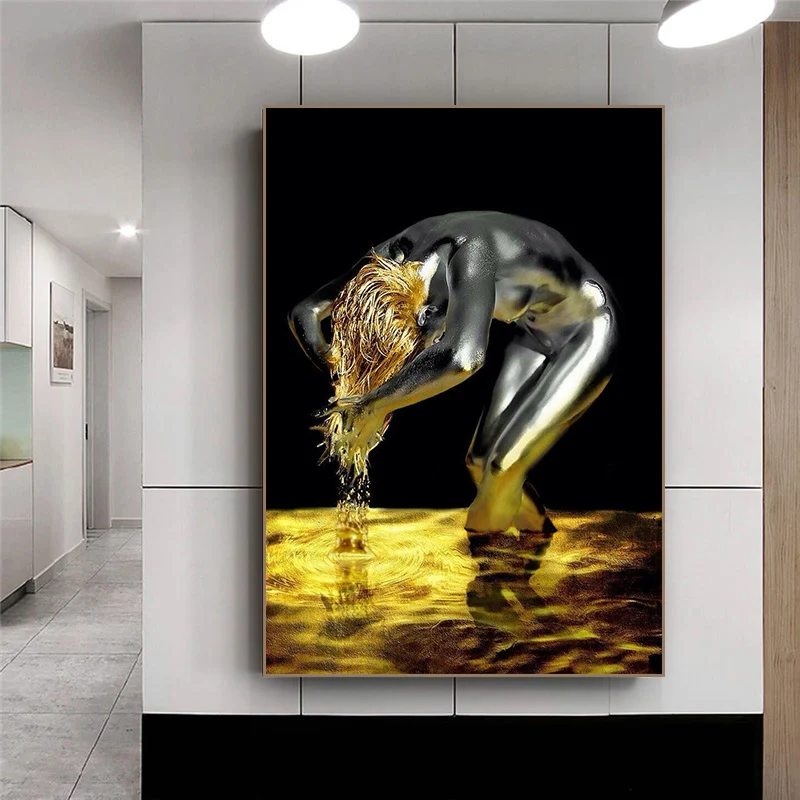 

Golden Abstract Naked Woman Canvas Painting Wash Hair Posters and Prints Modern Nordic Wall Picture for Living Room Home Decor