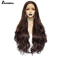 anogol dark brown natural wave straight wigs for women heat resistant high temperature fiber synthetic lace front wig