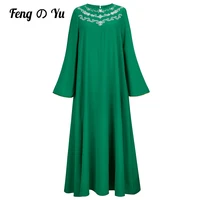 autumn ladies round neck embroidered robe 2021 dubai saudi arabia muslim fashion loose long sleeve robe dress green