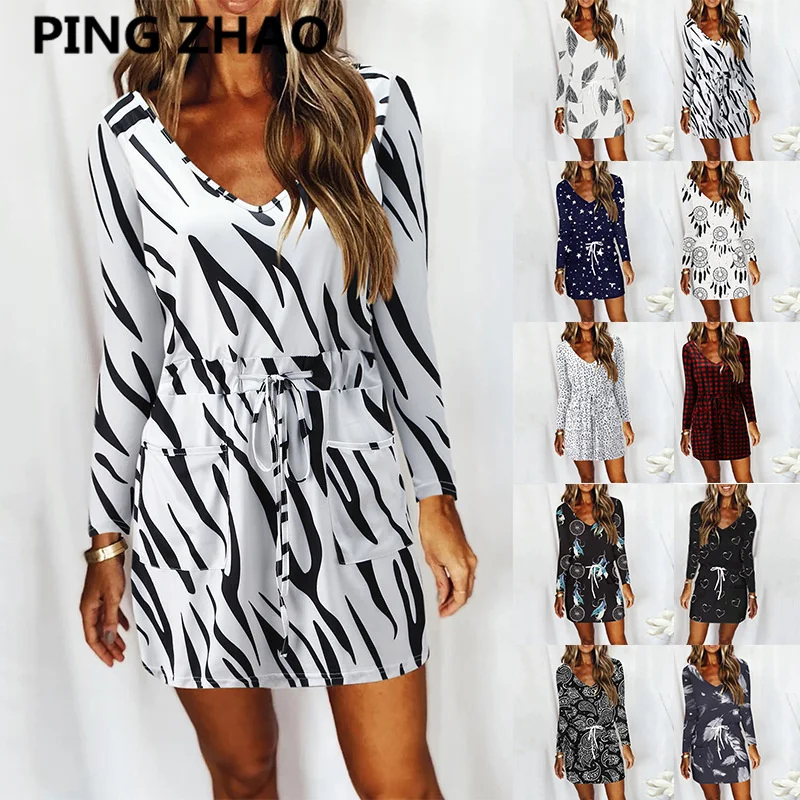

PING ZHAO 2021 Fashion Women Dress Autumn Print Long Sleeve Drawstring Mini Dress Casual V-Neck with Pockets Beach Dress