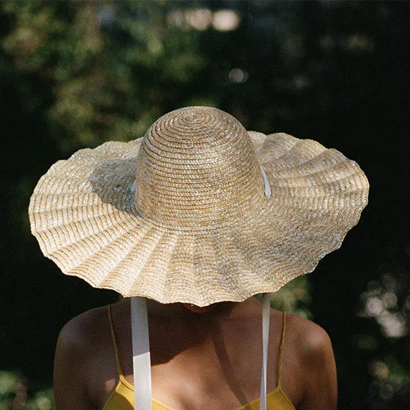 

Natural Wide Brim Wavy Ruffles Cap Raffia Straw Hat Women Summer Fringe Beach Hat Weave Sun Bonnet Enfant Black White Ribbon