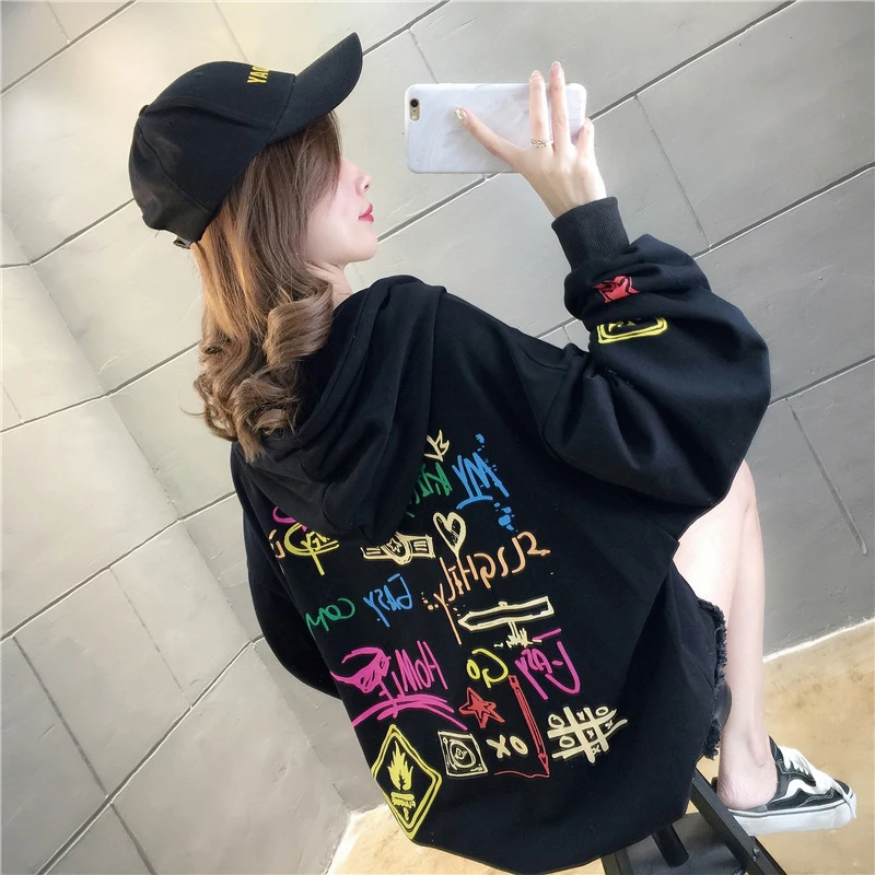 

Autumn Korean Style Graffiti Printing Hoodies Women O-Neck Casual Hoodie Letter Oversize for Women Sweatshirt