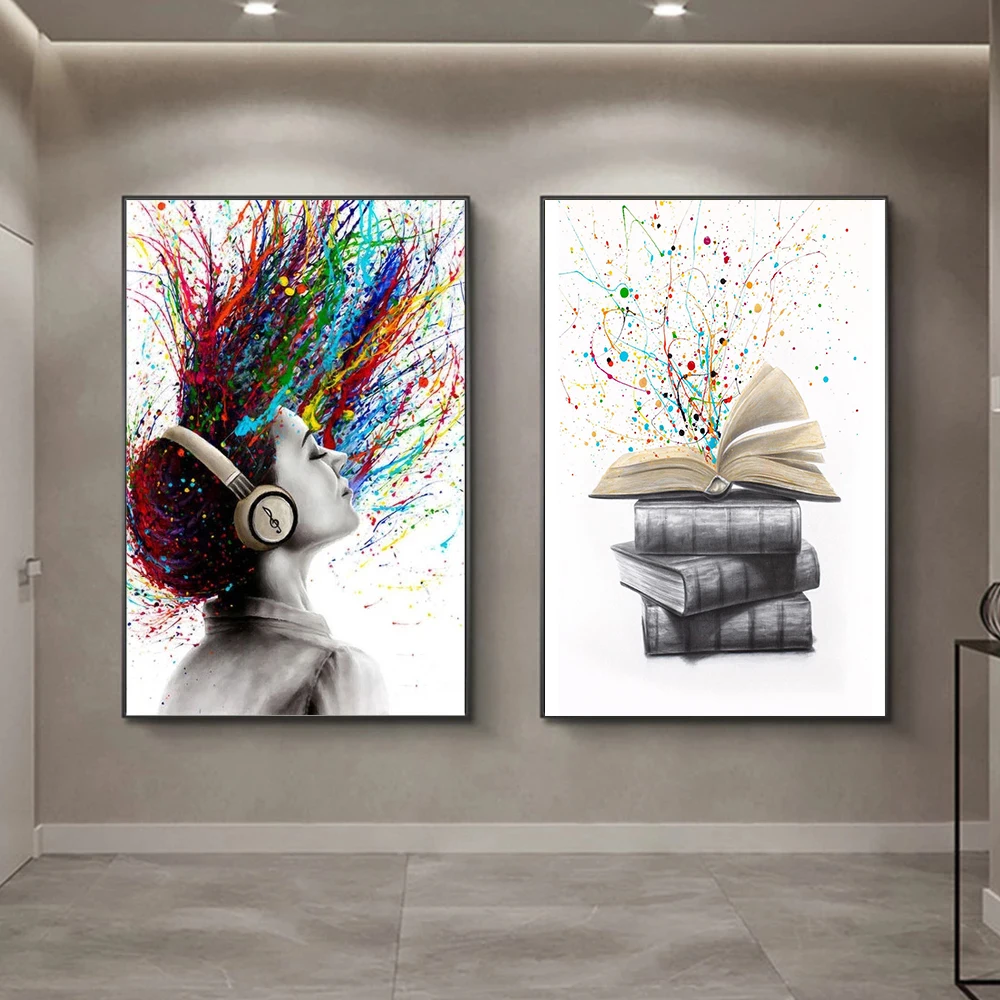 

Canvas Painting Print Graffiti Posters Girl Listening to Music Books Color Hair Woman Picture for Modern Living Room Wall Decor
