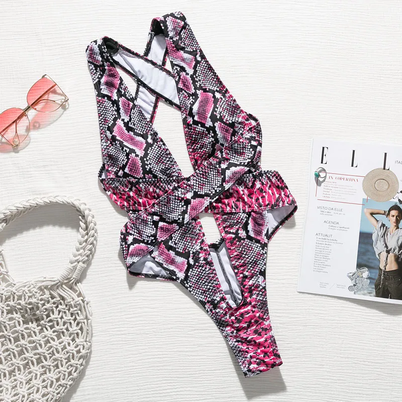Купальник цельный сексуальный змеиный принт бикини 2020 полый купальник женский