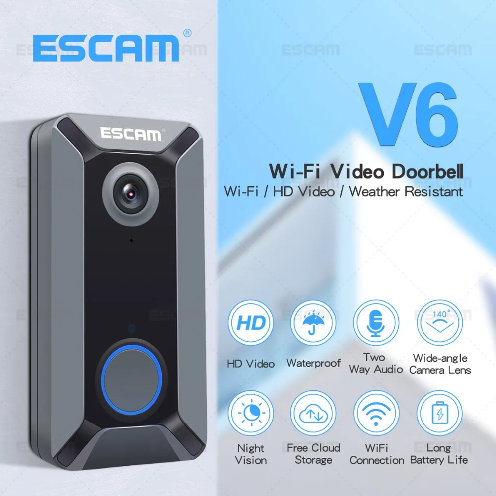 ESCAM V6 720P беспроводной дверной звонок видео камера бесплатное Облачное хранилище водонепроницаемый Домашняя безопасность