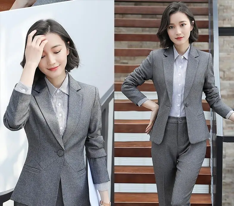 Women Pant Suit Gray Office Work clothes Formal Business Spring OL Slim Fashion