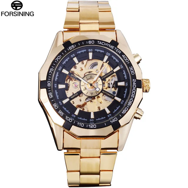 gold black FORSINING Брендовые мужские автоматические часы роскошные механические часы с скелетом мужские золотые часы из нержавеющей стали Relogios Masculino - Цвет: gold black