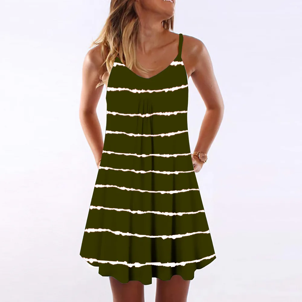 

2021 New Casual Fashion Hot Sale Tie-Dye Gradient Diagonal Stripe Horizontal Pattern Printing V-Neck Suspender Skirt Dress Women