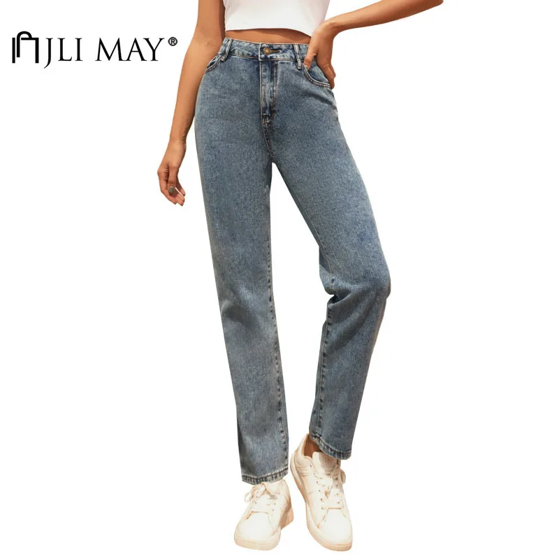 

JLI MAY Women Jeans Casual Light Washed Zipper Fly Pockets Full Length High Waist Slim Full Length Straight Jeans