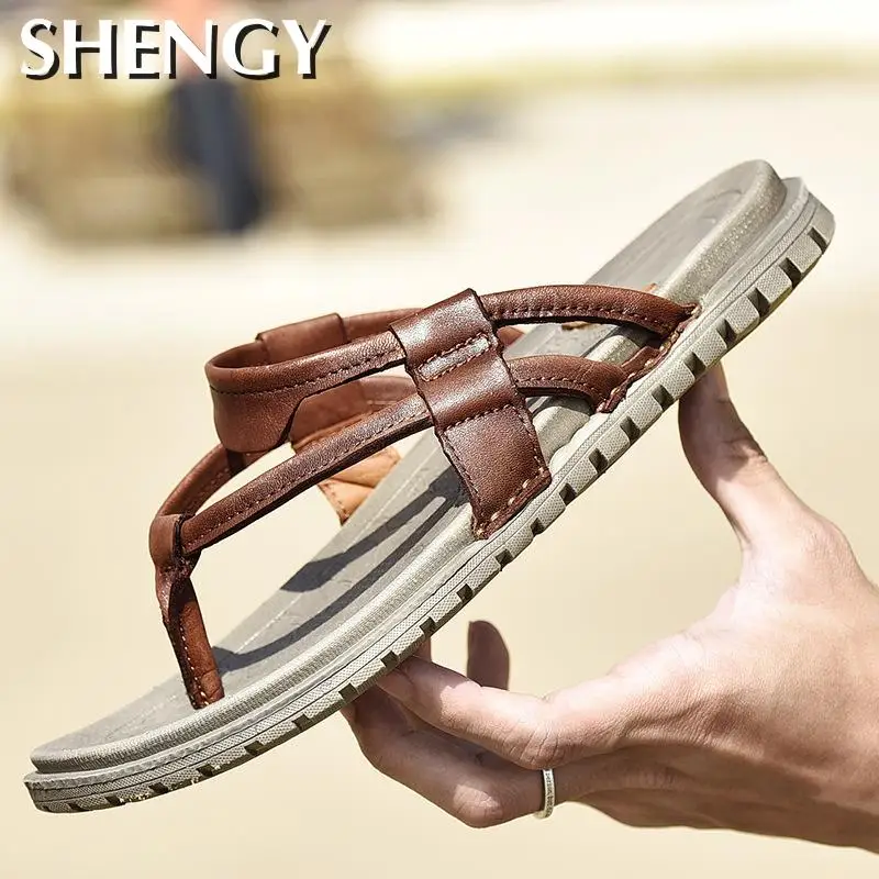 2020 мужские шлепанцы Летние модные кожаные Вьетнамки Пляжные повседневные