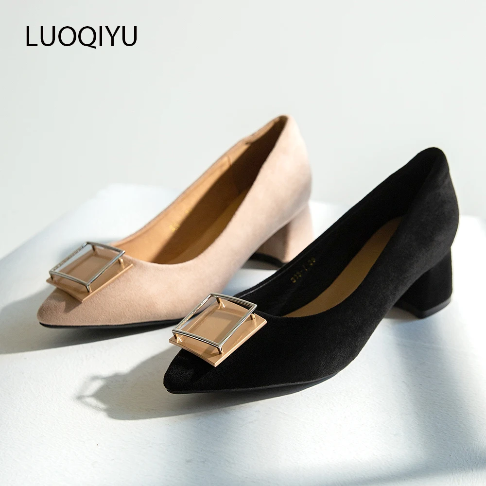 Мягкие женские туфли лодочки из флока на не сужающемся книзу массивном каблуке