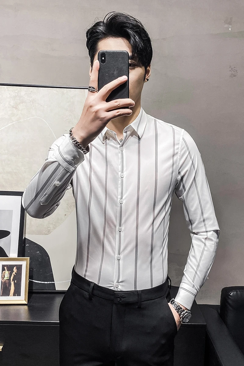 

Striped 2021 Spring Shirts Male Casual Business Formal Dress Shirts Fashion Slim Social Party Blouse Streetwear Chemise Homme