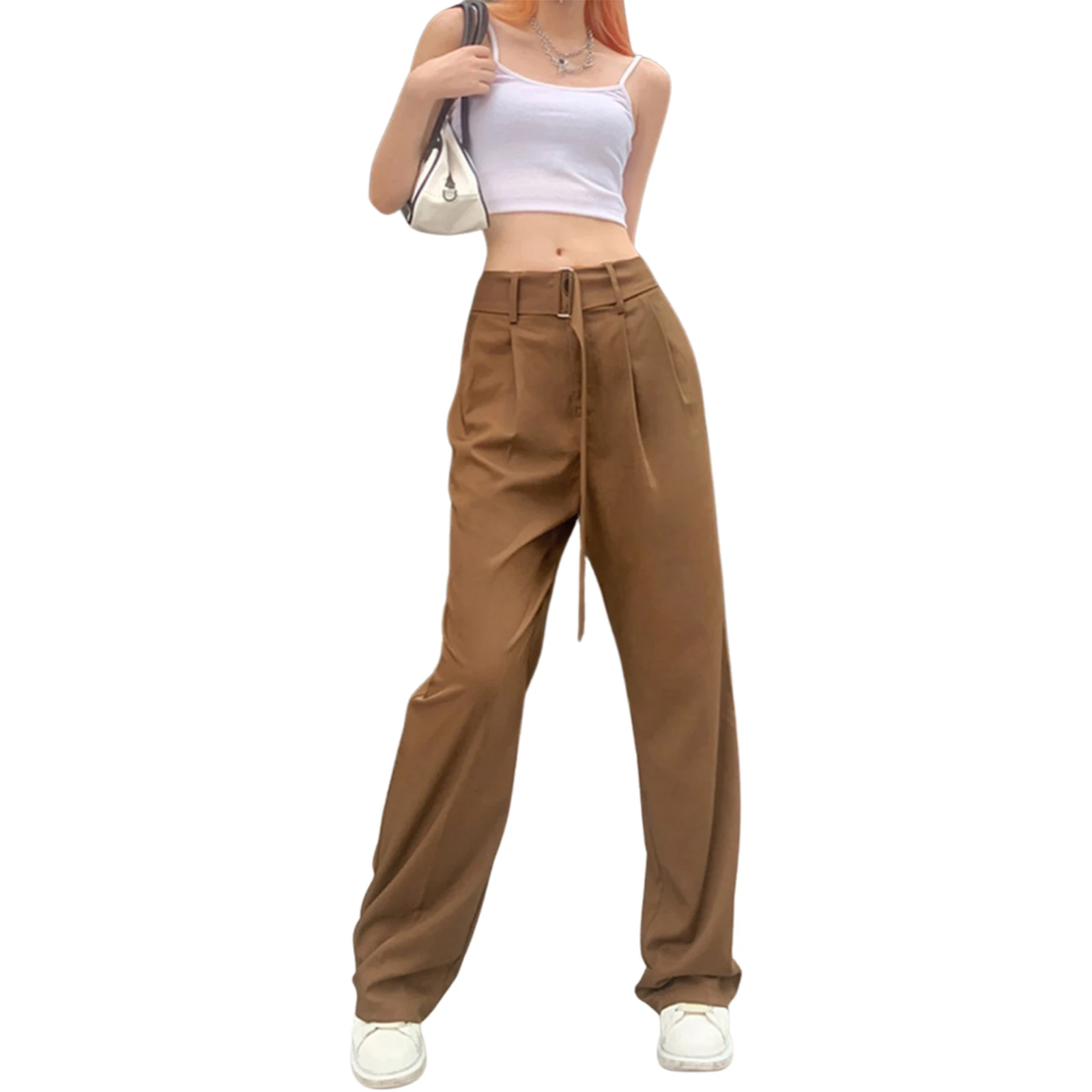 

High waist, wide legs, hanging feeling mopping belt suit pants women's loose pants, khaki solid straight leg pants, with pockets