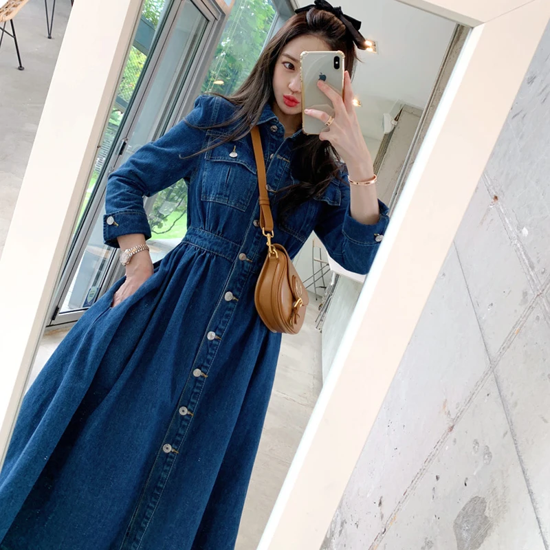 

waist slimming elastic waist big swing skirt long denim dress Fashion women's dress 2021 autumn new Korean style temperament