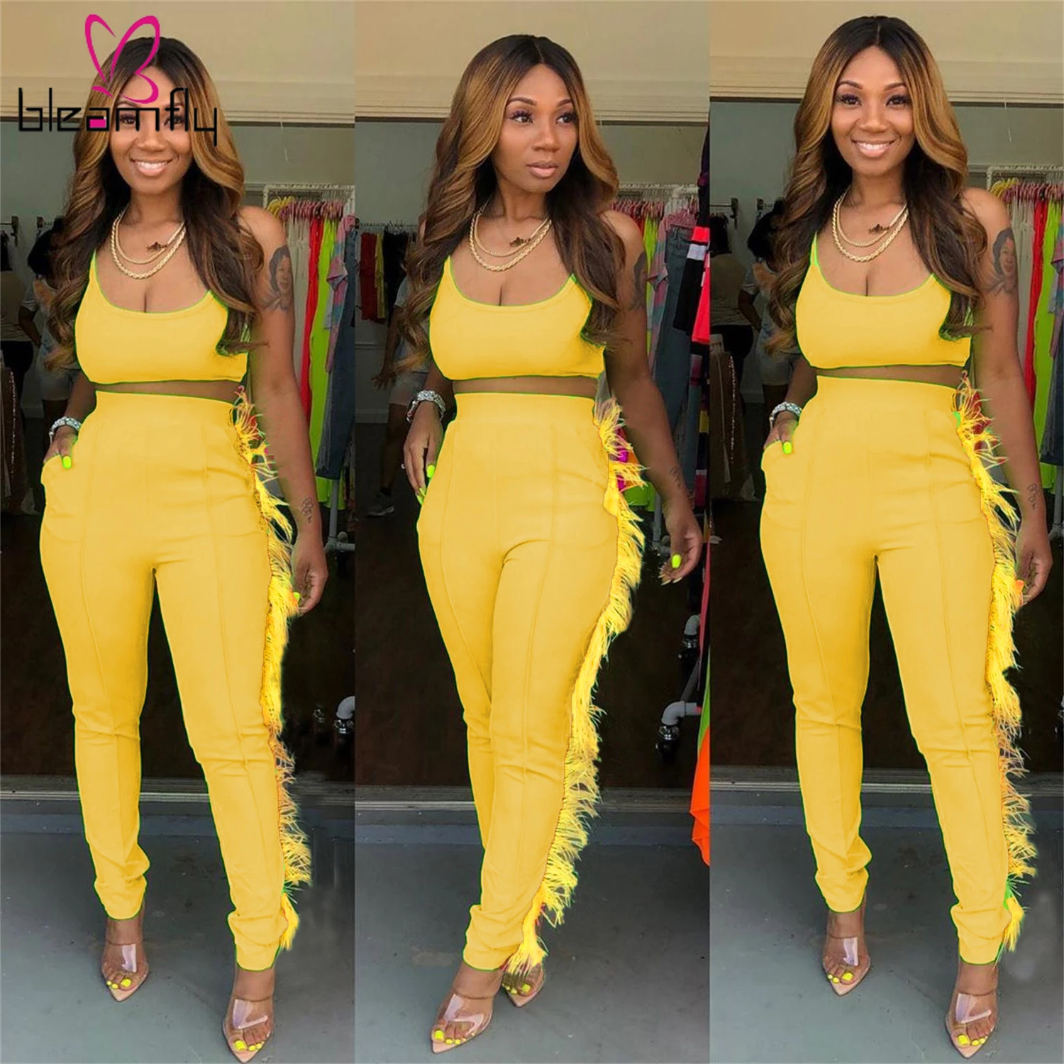 Новинка 2019 женский летний однотонный топ на бретелях и штаны с кисточками