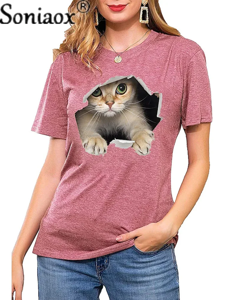 Женская футболка с принтом кошки свободная повседневная круглым вырезом модель
