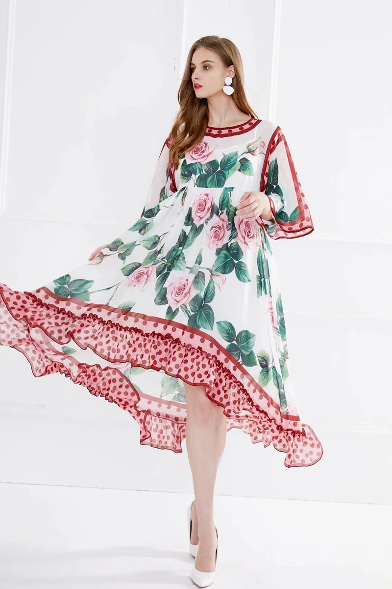 

Women's Runway Designer Dresses O Neck 3/4 Flare Sleeves Floral Printed Loose Design Ruffles Hi Low Fashion Dresses