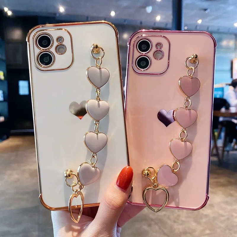 

Luxury Girl's Gold Love Heart Bracelet Plating Silicone Case for iPhone X Xs Max XR 7 8 Plus Cover for iPhone 12 Mini 11 Pro Max