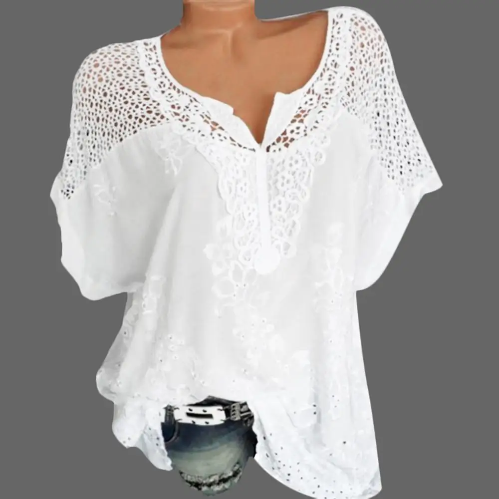 

Plus Size 2019 Summer Blouses Lace Hollow Out V-Neck Solid Embroidered Loose Chiffon Batwing Sleeve Womens Tops and Blouses