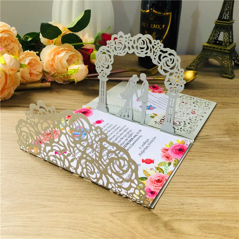 (10 pieces/lot) 3D Pop-Up White Wedding Invitation Card Tti-folded Laser Cut Pocket Bride & Groom Greeting Invite Cards IC144