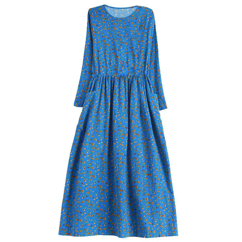 

Plus Size Women Cotton Linen Long Dress New 2021 Spring Arts Style Vintage Floral Print A-line Mori Girls Casual Dresses