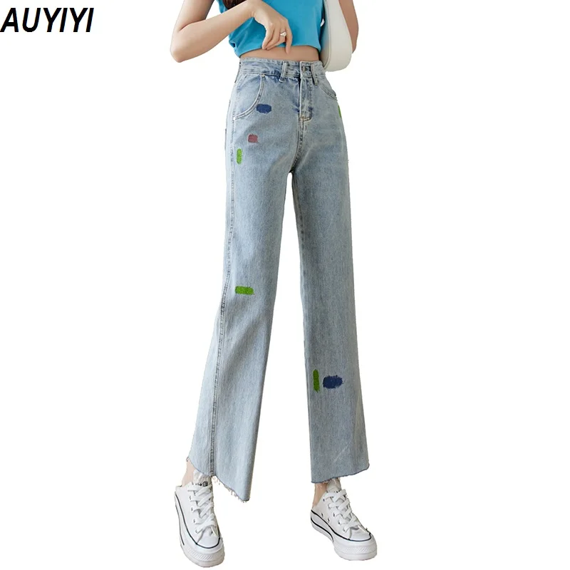 

2021 Women's Spring/Summer New Loose Thin Holes Raw Edge Wide Legs High Waist Split Embroidered Straight Denim Trousers AUYIYI