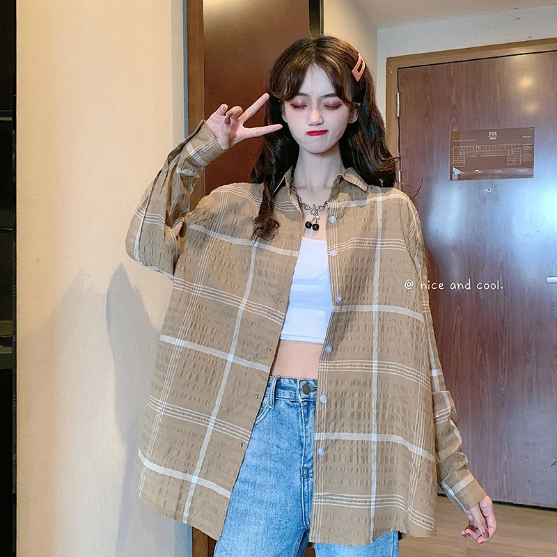 

Niche Ins Retro Plaid Shirt Women's New Spring Clothes Loose Slimming and All-Matching Polo Collar Clothing Fashion