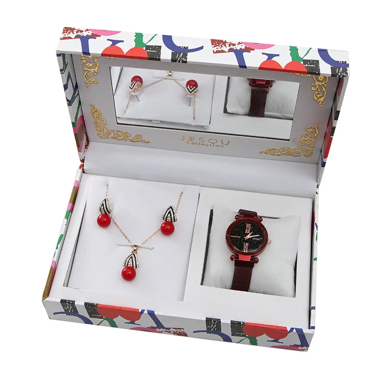 

Женские кварцевые часы, Звездный циферблат, роскошные красные жемчужные серьги-гвоздики, набор из трех предметов, изысканные креативные пр...