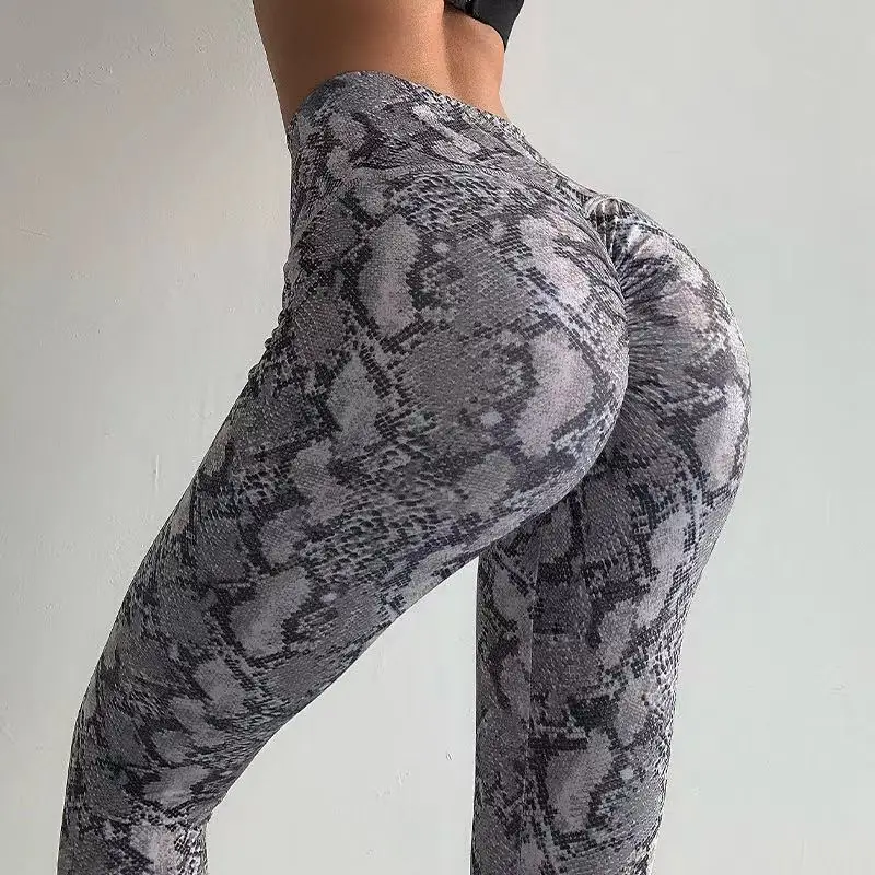 Hot Sexy Fitness Pants Female Snakeskin Leopard Print High Waist Yoga Pants Spring European and American Peach Hip Leggings