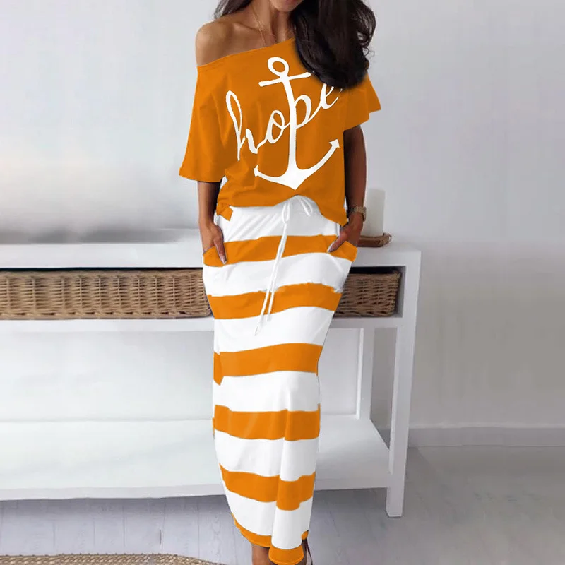 01 Orange Set Dress VIEUNSTA S-5XL, Женский Топ с открытыми плечами и юбка, комплект из двух предметов, платье, осенняя блузка с рукавами летучая мышь, рубашка, Полосатое платье с карманами и принтом - Цвет: 01 Orange Set Dress