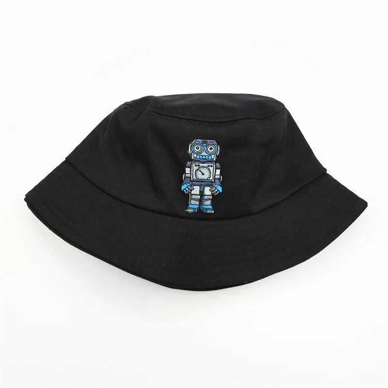 

2021 Cartoon Robot Embroidery Cotton Bucket Hat Fisherman Hat Outdoor Travel Hat Sun Cap Hats for Men and Women 369