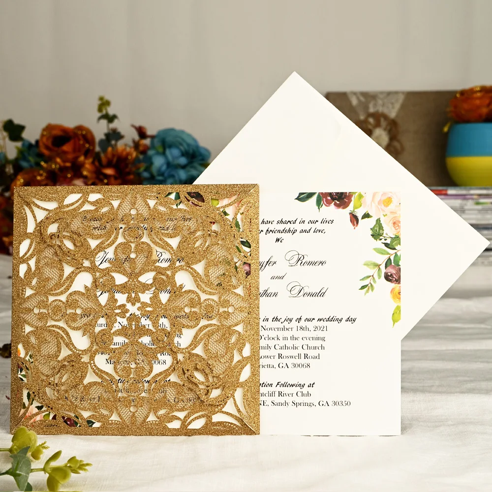 1 шт. блестящие свадебные пригласительные открытки с блестками и кружевными