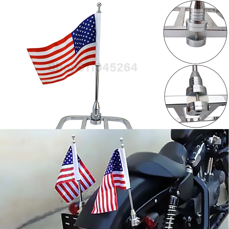Chrome CNC Motorcycle Rear Side Mount Flag Pole America Flag For Harley Luggage Rack