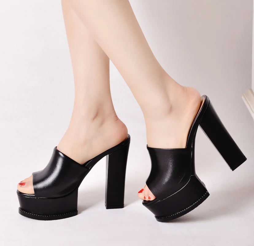 

Genuine leather Slippers women new European style 13cm heels rhinestone sandals real cowhide women's shoes size 34-42