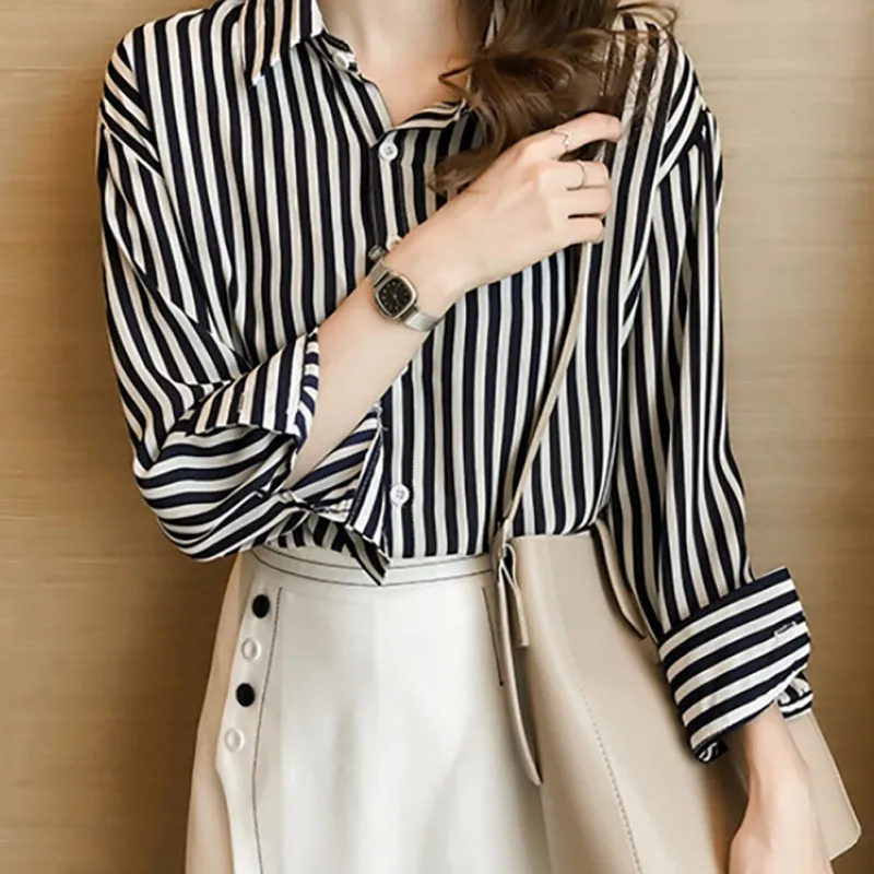 

2020 Women Fashion Stripes Print Lapel Shirt Spring Loose Single-breasted Long Sleeve Leisure Blouse blusas casuales de mujer