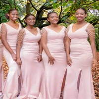 v neck pink mermaid bridesmaid dress long wedding guest gown black girl prom evening party gowns